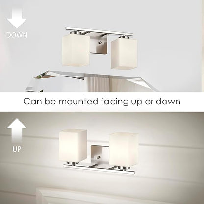 Edvivi Bathroom Light Fixtures, 2-Light Modern Brushed Nickel Vanity Light Over Mirror, Wall Sconces with Square White Glass Shades for Living Room, Bedroom, Hallway, E26 Base