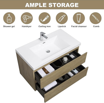 Wall Mounted 36 Inch Bathroom Vanity with Sink, Floating Vanity Bathroom, Single Sink Bathroom Vanity, 2 Drawers, Resin Integrated Sink (Natural Oak)