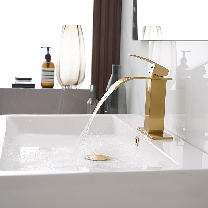 BWE Brushed Gold Bathroom Faucet Modern Waterfall Single Hole Faucet for Bathroom Sink Single Handle with Pop Up Drain with Overflow Assembly and Supply Line Lavatory Bath Faucet