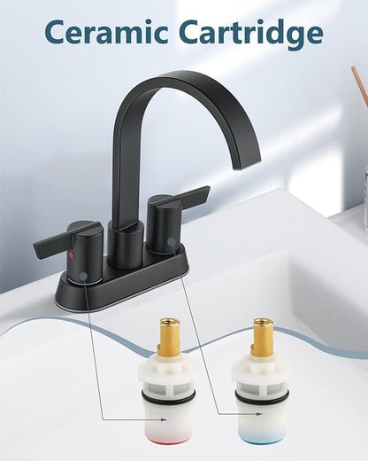 Aolemi Bathroom Faucets for Sink 3 Hole,4 Inch Centerset Waterfall Faucet 2 Handle for Bathroom Sink with Pop-Up Drain and Supply Lines Matte Black
