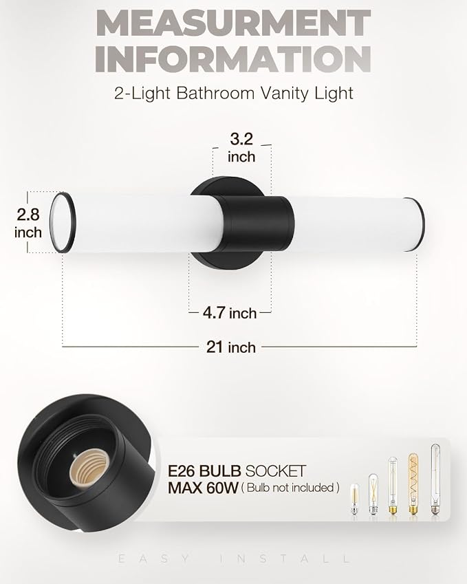 2-Light Bathroom Vanity Lighting Fixture, Black Wall Sconce with Opal White Glass, E26 Stocket Indoor Wall Lamp, Modern Mirror Light
