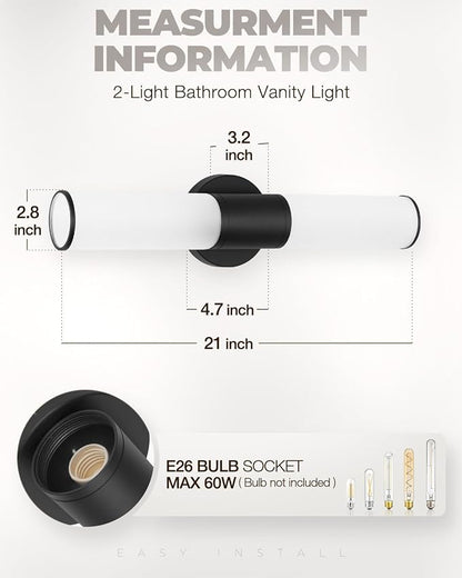 2-Light Bathroom Vanity Lighting Fixture, Black Wall Sconce with Opal White Glass, E26 Stocket Indoor Wall Lamp, Modern Mirror Light