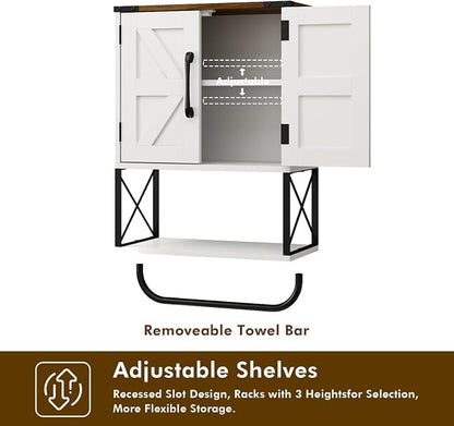 RUSTOWN Farmhouse Medicine Cabinet with 2 Barn Door, Bathroom Wall Cabinet | Dark Brown Top, Adjustable Shelf, Towel Bar, 3-Tier Rustic Wood Wall Mounted Cabinet for Bathroom, Living Room, Kitchen