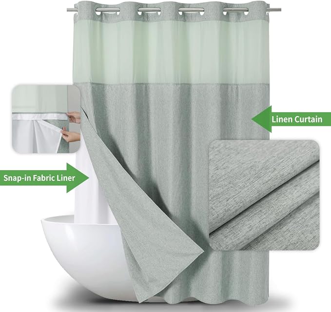 eachope No Hook Fabric Shower Curtain with Snap-in Liner,71x77 Sage Green | Linen Texture,230GSM Thick Fabric,Hotel Luxury Decor,Mesh Window,Bottom magnetic ,Waterproof & Machine Washable,for Bathroom