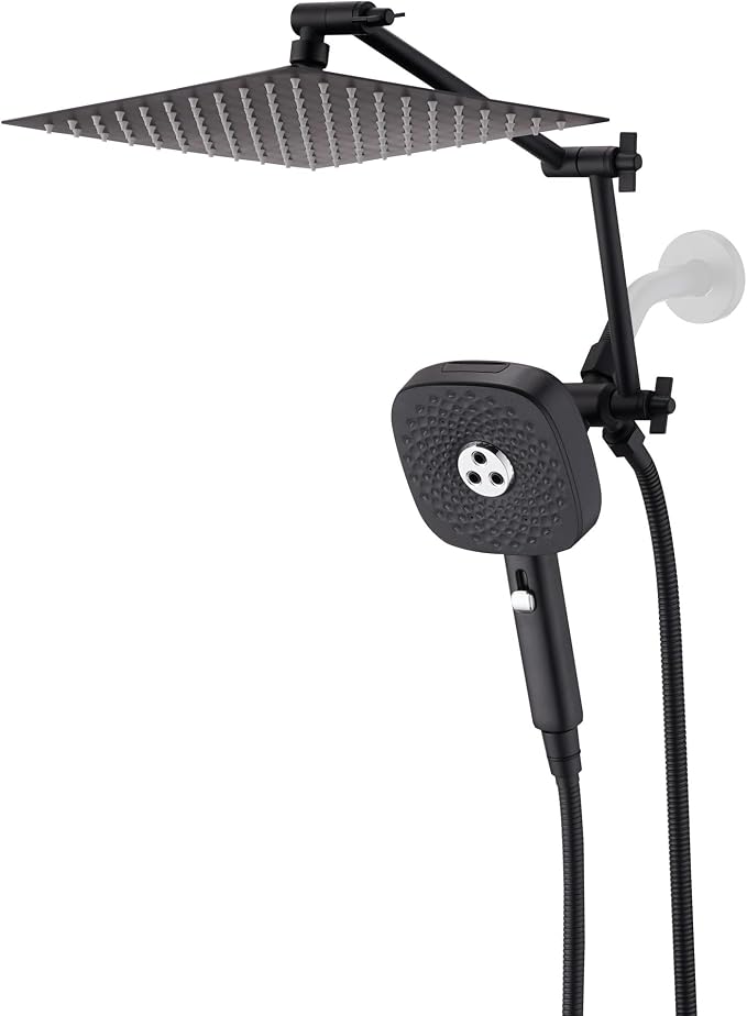 10" Rainfall Shower Head with Handheld Combo, High Pressure Dual Showerhead with Square Rain& Magnetic Hand Sprayer, 15" Adjustable Metal Extension Arm (Matte Black)