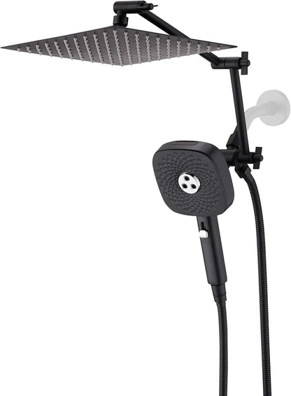 10" Rainfall Shower Head with Handheld Combo, High Pressure Dual Showerhead with Square Rain& Magnetic Hand Sprayer, 15" Adjustable Metal Extension Arm (Matte Black)