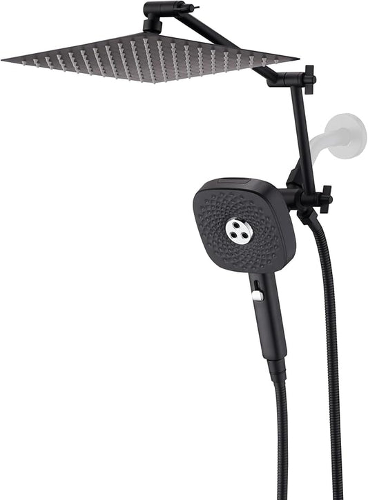 10" Rainfall Shower Head with Handheld Combo, High Pressure Dual Showerhead with Square Rain& Magnetic Hand Sprayer, 15" Adjustable Metal Extension Arm (Matte Black)
