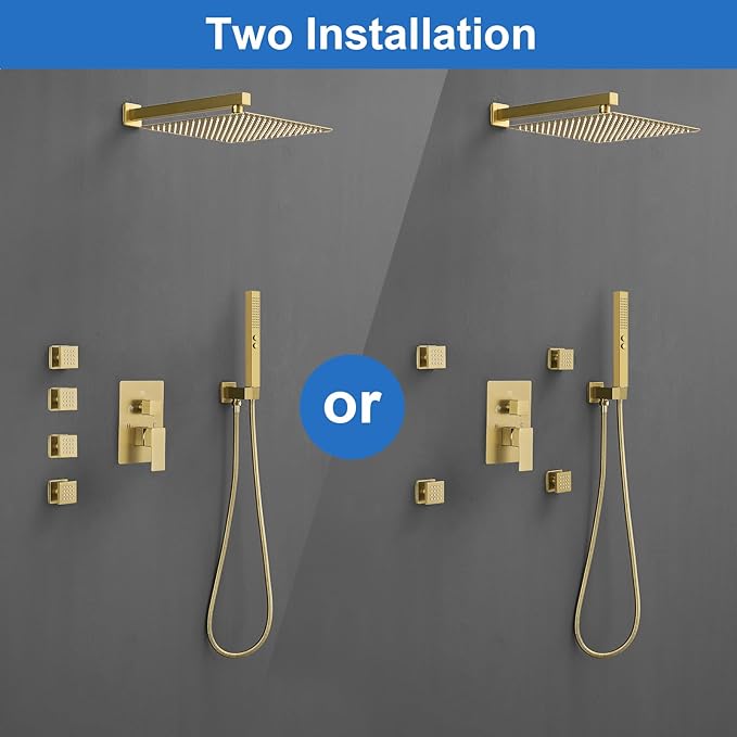 RUMOSE Rainfall Shower System with 4 Body Jets Wall Mounted 4 Mode Shower Faucet Set with 12 Inch Rain Shower Head and 2 in 1 Handheld Spray, Brushed Gold Brass Shower Fixtures, Rough-in Valve