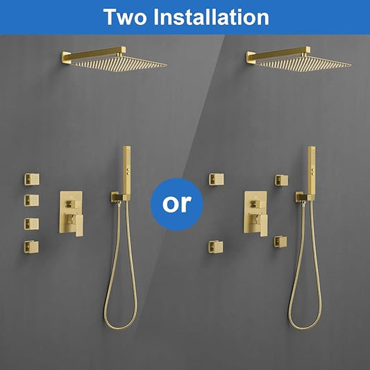 RUMOSE Rainfall Shower System with 4 Body Jets Wall Mounted 4 Mode Shower Faucet Set with 12 Inch Rain Shower Head and 2 in 1 Handheld Spray, Brushed Gold Brass Shower Fixtures, Rough-in Valve