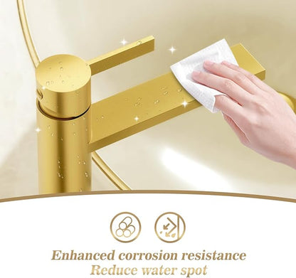 1 Hole Tall Bathroom Vessel Sink Faucet, Brushed Gold Single Hole Single Handle Vanity Faucet, with Pop Up Drain and Water Supply Line, FH02-BG-V