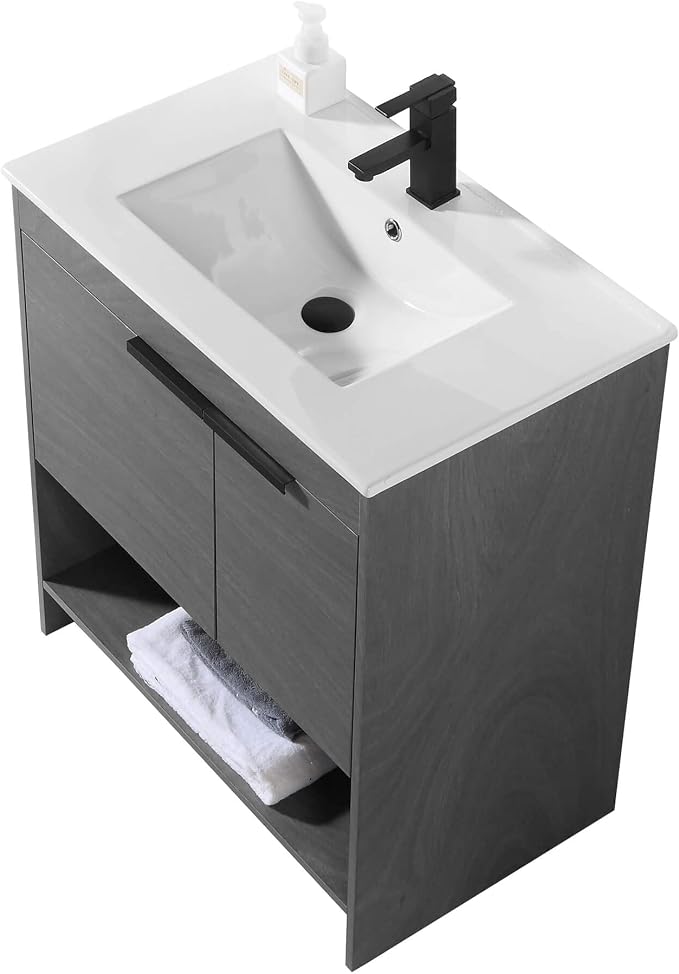 Phoenix 30 Inch Bathroom Vanity with Sink – Modern Design, Soft-Close Doors, Storage Drawers, Durable Build – Grey Vanity for Small Bathrooms (Full Assembly Required)