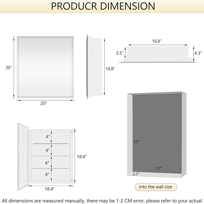 20x20 Inch Medicine Cabinet, Square Beveled Frameless Mirror, Adjustable Shelves, Already Assembly, Recess or Surface Mount Installation for Bathroom Toilet