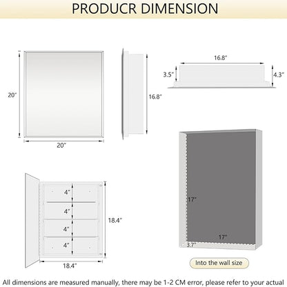20x20 Inch Medicine Cabinet, Square Beveled Frameless Mirror, Adjustable Shelves, Already Assembly, Recess or Surface Mount Installation for Bathroom Toilet