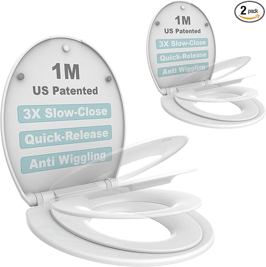 1M Family Toilet Seat, Patented Slow Close & Quick Releasing Technology, Anti-Wiggling, Easy to Install and Clean, Standard Round with Toddler Seat Built In (2 Pieces)