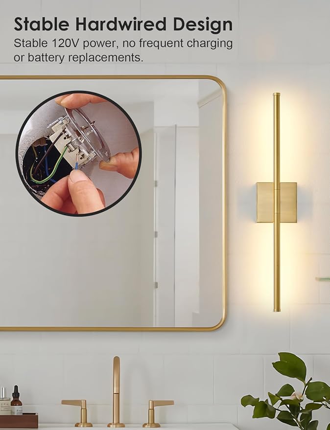 24.4 Inch Hardwired Wall Sconces Set of Two, 3000K Warm White Dimmable Modern Wall Sconces, 350° Rotate LED Light Fixtures Wall Lamp for Bathroom Living Room Bedroom Bedside, Brushed Brass