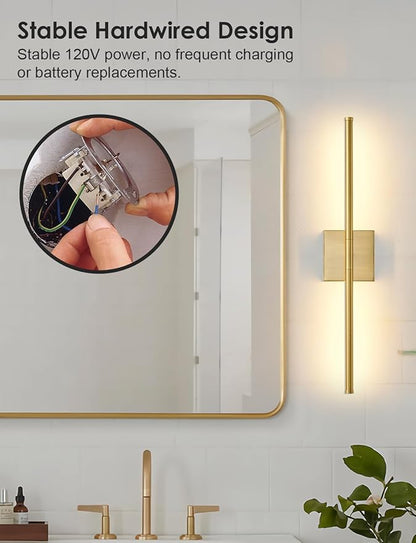 20.4 Inch Hardwired Wall Sconces Set of Two, 3000K Warm White Dimmable Modern Wall Sconces, 350° Rotate LED Light Fixtures Wall Lamp for Bathroom Living Room Bedroom Bedside, Brushed Brass