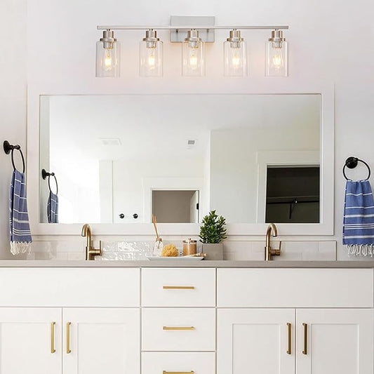 5 Light Bathroom Light Fixtures Brushed Nickel Vanity Light Over Mirror Modern Farmhouse Wall Lighting Sconces Wall Lamp for Bathroom, Bedroom, Living Room E26 Socket with Glass Shade