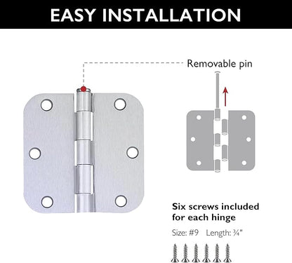 Design House Door Hinge, 3.5 in x 3.5 in, 5/8 in Radius, Interior, Rounded Steel, Removable Pin, Pre-Lubricated, Easy to Install, Brushed Chrome Finish, 9 Pack, 184473