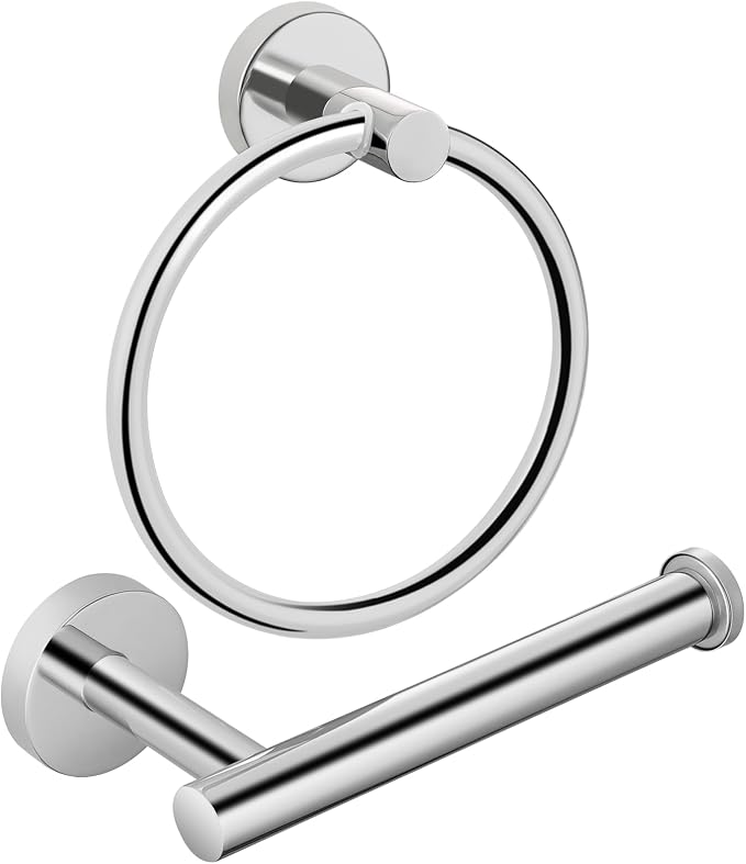 Chrome Bathroom Hardware Set, Towel Ring & Toilet Paper Holder, Stainless Steel SUS304, Hand Towel Hanger & Toilet Roll Holder, Sturdy Bathroom Accessories for Home or Kitchen
