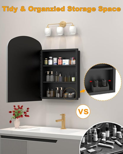 Daisy Beaded Arched Medicine Cabinet with Mirror, Wall Mounted or Recessed 20x28 Inch Bathroom Vanity Mirror with Storage Full-Metal Cabinets, 2 Adjustable Shelves and 1 Organizer Bling Silver