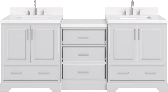 ARIEL Stafford 84-inch Bathroom Vanity with Sink,Solid Wood, 1.5in Carrara White Quartz Countertop & Backsplash, Double Rectangular Porcelain Sink, 4 Soft Closing Doors, 5 Dovetail Drawers, Grey