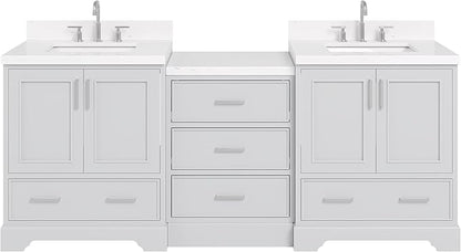 ARIEL Stafford 84-inch Bathroom Vanity with Sink,Solid Wood, 1.5in Carrara White Quartz Countertop & Backsplash, Double Rectangular Porcelain Sink, 4 Soft Closing Doors, 5 Dovetail Drawers, Grey