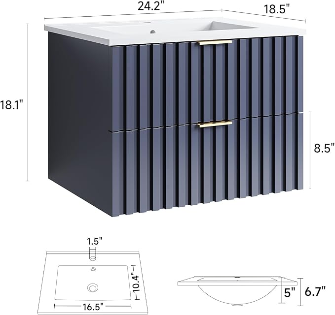 ONBRILL 24 Inch Bathroom Vanity with Sink Combo, Floating Bathroom Vanity with 2 Fluted Drawers & Metal Handle, Modern Wall Mount Storage Cabinet with Ceramic Integrated Sink for Small Space (Blue)