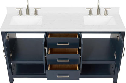 ARIEL Magnolia 60-inch Bathroom Vanity with Sink,Solid Wood, 1.5-inch Carrara White Quartz Countertop, Double Rectangular Porcelain Sink, 4 Soft Closing Doors, 3 Dovetail Drawers, Midnight Blue