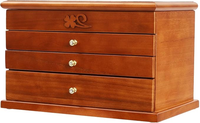 Large Wooden Jewelry Box with Mirror, 4 Layers Jewelry Organizer with 3 Drawers, Watches Necklace Ring Storage Box for Women