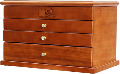 Large Wooden Jewelry Box with Mirror, 4 Layers Jewelry Organizer with 3 Drawers, Watches Necklace Ring Storage Box for Women