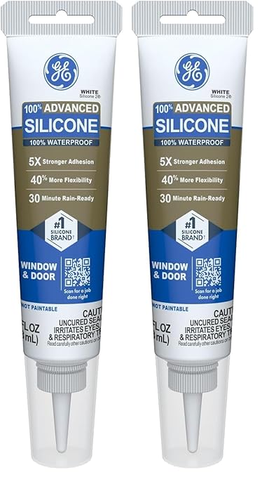 GE Advanced Silicone Caulk for Window & Door, White, 2.8 fl oz Tube - 100% Waterproof Silicone Sealant, 5X Stronger Adhesion, Freeze & Sun Proof,(Pack of 2)