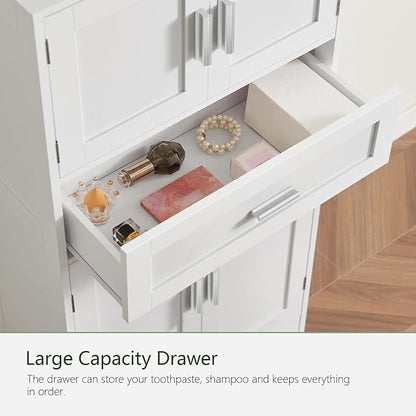 TEENFON Bathroom Storage Cabinet with Adjustable Shelf & Large Drawer | Tall Storage Cabinet with 4 Doors, Kitchen Pantry Storage Cabinets, for Living Room, Dining Room, Entryway, White