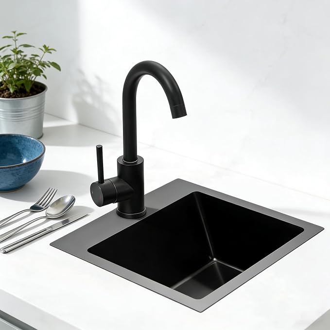 Black Bar Sink 15 Inch Modern Drop in Small Kitchen Sink with Faucet Combo Single Bowl Gunmetal Black RV Sink Stainless Steel Outdoor Sink