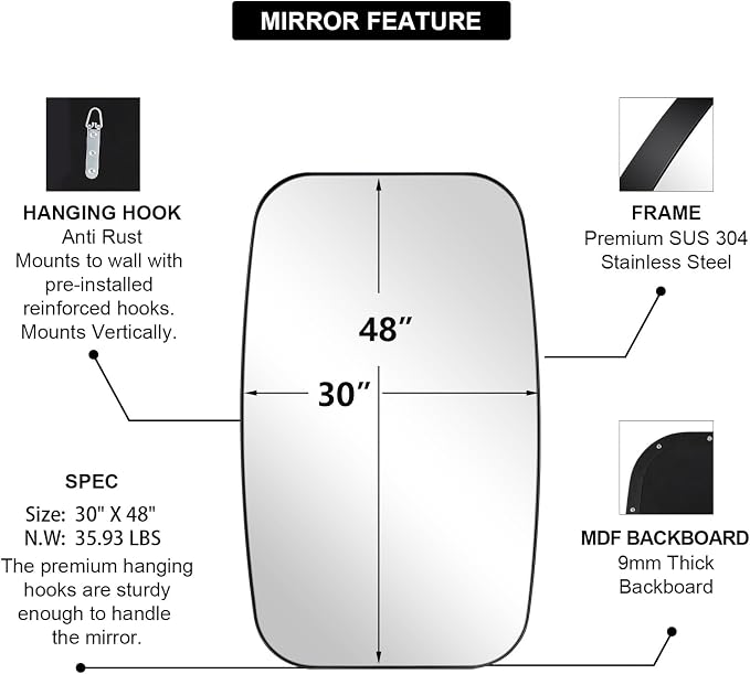 Oval Mirrors for Bathroom, 30x48’’ Black Oval Mirror for Bathroom, Oblong Mirrors with Black Metal Frame Pill Shaped Mirror Wall Mounted Horizontal or Vertical