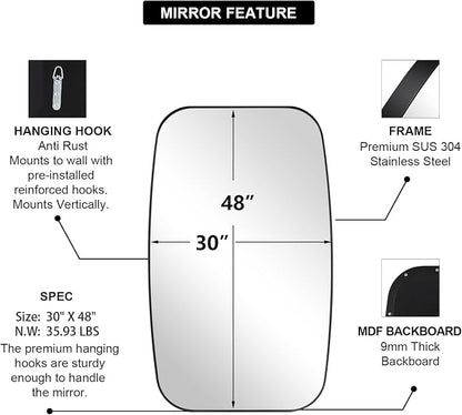 Oval Mirrors for Bathroom, 30x48’’ Black Oval Mirror for Bathroom, Oblong Mirrors with Black Metal Frame Pill Shaped Mirror Wall Mounted Horizontal or Vertical