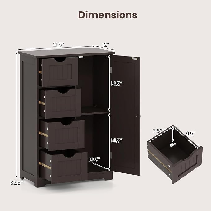Giantex Bathroom Storage Cabinet with Drawers - 4 Drawer Storage Organizer w/Cupboard, Adjustable Shelf, Anti-Toppling Device, Entryway Storage Unit Console Table, Bathroom Floor Cabinet (Brown)