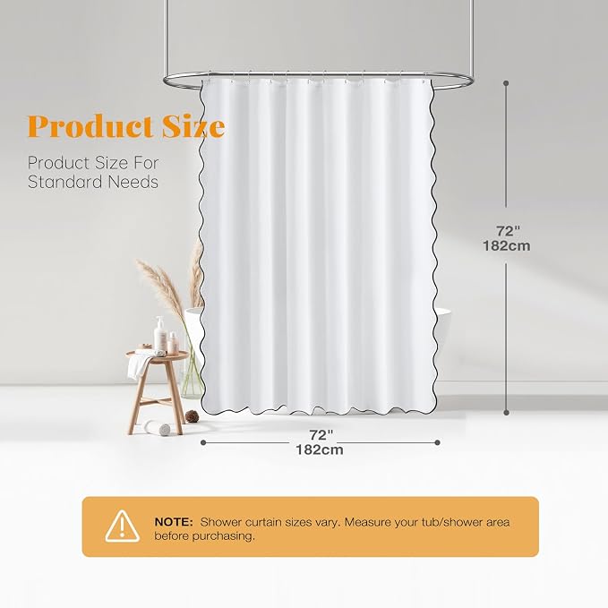 BTTN White Boho Scalloped Linen Textured Cloth Shower Curtain Set, 72x72 | 230GSM Waterproof Polyester, Heavy Duty Fabric, 12 Plastic Hooks, Modern Farmhouse Style, Machine Washable, Bathroom Decor