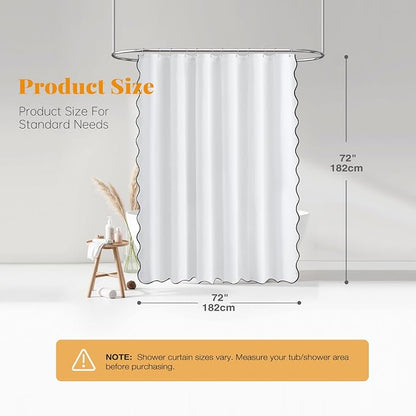 BTTN White Boho Scalloped Linen Textured Cloth Shower Curtain Set, 72x72 | 230GSM Waterproof Polyester, Heavy Duty Fabric, 12 Plastic Hooks, Modern Farmhouse Style, Machine Washable, Bathroom Decor