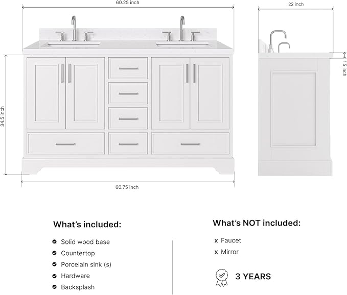 ARIEL Stafford 60-inch Bathroom Vanity with Sink,Solid Wood, 1.5-inch Carrara White Quartz Countertop, Double Rectangular Porcelain Sink, 4 Soft Closing Doors, 6 Dovetail Drawers, White