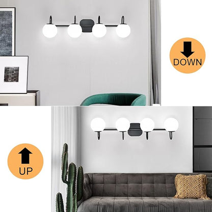 Vintage Bathroom Light Fixtures 4-Lights Black Mid Century Vanity Lights with Milk White Glass Globe Shade Vintage Wall Sconces Lighting Bath Vanity Lights Bar Over Mirror(Exclude G9 Bulb)