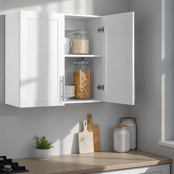 Prepac Elite 32'' Bathroom Wall Cabinet with Panel Doors, Wood Kitchen Pantry Cabinet, Wall Hanging Laundry Room Cupboard with 1 Adjustable Shelf for Kitchen, Laundry Room and Bathroom, White