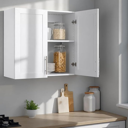 Prepac Elite 32'' Bathroom Wall Cabinet with Panel Doors, Wood Kitchen Pantry Cabinet, Wall Hanging Laundry Room Cupboard with 1 Adjustable Shelf for Kitchen, Laundry Room and Bathroom, White