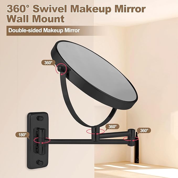 8” Wall Mounted Makeup Mirror with10X Magnification, Double Sided Shaving Mirror Wall Mount for Bathroom, 360° Swivel Extendable Vanity Mirror with Adjustable Arm for Daily Use, Matte Black（No Light）