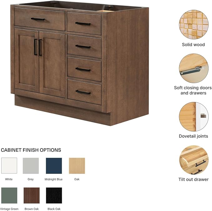 ARIEL Hepburn 42-inch Bathroom Vanity Base Cabinet,Solid Wood, 2 Soft Closing Doors, 5 Dovetail Drawers, Brown Oak
