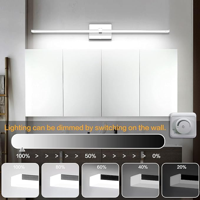 Modern Bathroom Light Fixture - Chrome LED Dimmable Vanity Light Bar 40 Inch Bathroom Light Fixtures Over Mirror 6000K Cool Whtie