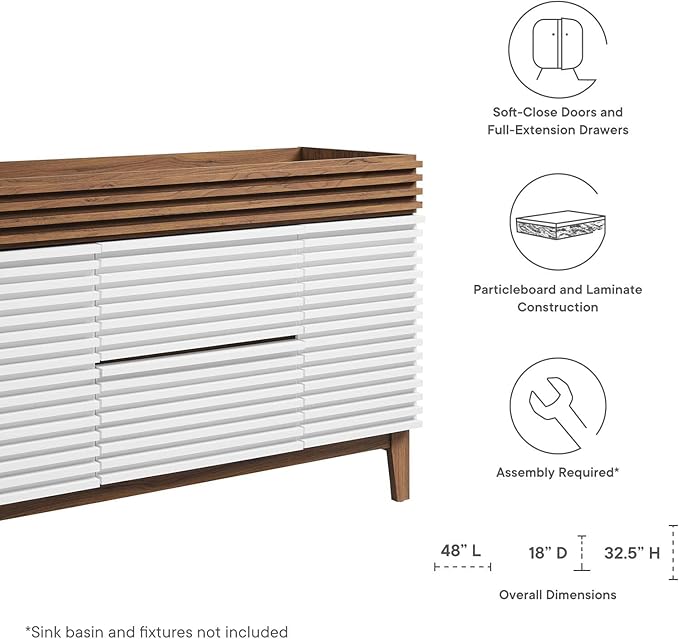 Modway Render 48" Single Sink Compatible (Not Included) Bathroom Vanity Cabinet in White Walnut