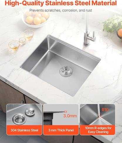 VEVOR 23 inch Kitchen Single Sink, 304 Stainless Steel Undermount Sink Drop-In Single Bowl Farmhouse Basin with Ledge & Multiple Accessories, Household Dishwasher Sinks for Prep Kitchen, Bar 23"*19"