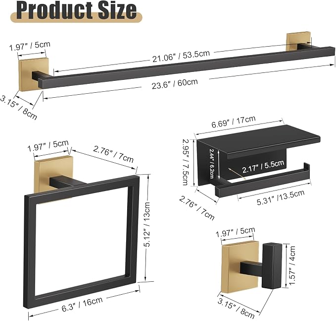 YACVCL 5-Pieces Black and Gold Bathroom Hardware Accessories Set Stainless Steel Bathroom Towel Bar Set Towel Holder Set for Bathroom,Upgraded Toilet Paper Holder with Shelf,Wall Mounted 23.6"
