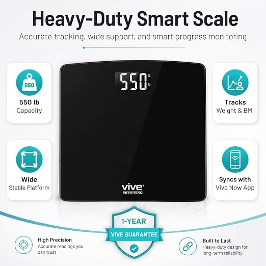 Vive Smart Body Weight Scale (550lbs Capacity) - Heavy Duty Bariatric Digital Scale for BMI - Plus Size, Large Display - Bathroom Device for Health Extra Wide Base & Smartphone Connectivity