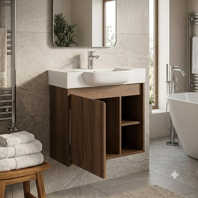 28" Bathroom Vanity with Sink, Wall-Mounted Cabinet, Brown Ebony | Ceramic Sink, Soft-Close Door & 2 Open Storage Shelves, Modern Farmhouse Sink Cabinet, Easy to Clean for Small Bathroom